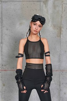 Black Leggings Festival Set Rave Outfit Sheer Crop Top Long Etsy Alien Costume Women, Burning Man Accessories, Sand Storm, Burning Men, Gloves Long, Festival Outfits Women, Mesh Gloves, Black Theme