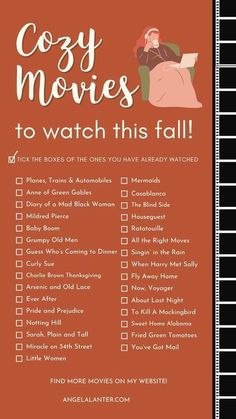 a red poster with the words cozy movies to watch this fall and an image of a woman sitting in a chair