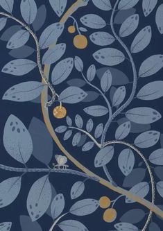 a blue and yellow wallpaper with leaves and birds on the branches, in an ornate pattern