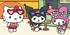 two hello kitty characters standing next to each other