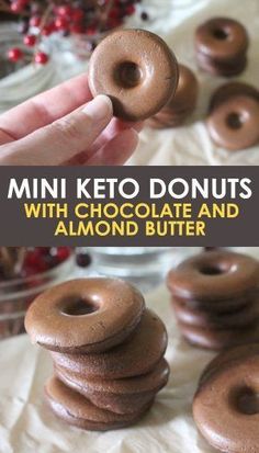 chocolate donuts stacked on top of each other with the words, mini keto donuts with chocolate and almond butter