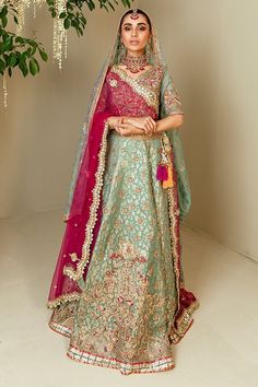 Embellished Heavy Zardozi Work on Sky Blue Lehenga Choli for Pakistani Brides in Atlas Jamawar is decorated with dabka and hand-embellished thread work. This traditional dress is best for your wedding event. This lehenga choli has a pretty look. Buy this Lehenga Choli online for your wedding party day. The lehenga comes in sky blue color but can be customized to air blue according to your choice and order. Choli: A Short choli for a wedding dress in sky blue color is embellished with 3d flowers, Pakistani Bridal Dresses Online