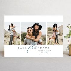 the save the date photo card is shown with three photos and two people hugging each other