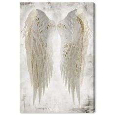 two white angel wings with gold glitters on the wings, against a gray background