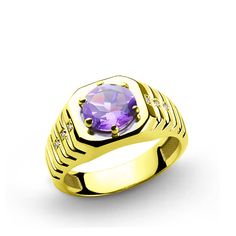 10 K Solid Yellow Gold Men's Ring with Natural 2.40 ct Amethyst and 0.03 ct Diamonds Ring With Ruby, Yellow Gold Mens Rings, Wedding Stone, Mens Gemstone Rings, Mens Gold Rings, Sterling Silver Mens Rings, Mens Silver Rings, Mens Gold, Ruby Gemstone