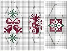 three cross stitch christmas stockings with bows and bells on them, one is red and the other is green