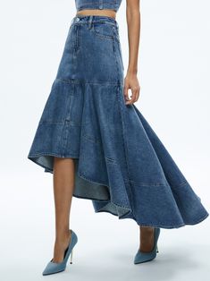 Donella High Low Skirt In Brooklyn Blue | Alice And Olivia Denim Wedding Dresses, Denim Wedding, Blue Jeans Crafts, Denim Skirt Outfits, Denim Ideas, All Jeans, Recycle Jeans, Saved Pins, Technology Fashion