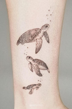 three sea turtle tattoos on the ankle