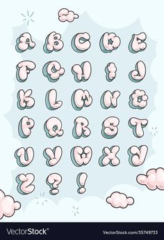 the letters and numbers are drawn with pastel colors on a light blue sky background