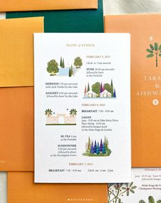 an orange and green wedding suite with matching envelopes, brochures, and guest information