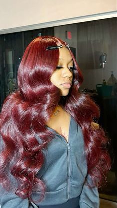 Red Hair Quick Weave, Burgundy Quick Weave, Burgundy Wig Hairstyles, Red Wig Install, Red Weave Hairstyles, Burgundy Wig, Red Wig, Red Hair Inspo