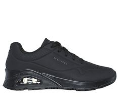 A favorite style arrives in comfort and safety with Skechers Work Relaxed Fit Uno SR. This slip-resistant utility design features a durable perforated synthetic durabuck upper with a Skechers Air-Cooled Memory Foam insole and Skech-Air visible airbag midsole. | Skechers Women's Work Relaxed Fit: Uno SR Sneaker | Medium Width | Relaxed Fit for a roomy comfort fit at toe and forefoot | Skechers Air-Cooled Memory Foam cushioned comfort insole | Skech-Air visible airbag midsole | Slip-resistant traction outsole | Electrical Hazard (EH) safe design tested ASTM-F2892 | Durable perforated synthetic durabuck upper with lace-up front | 1 3/4-inch heel height | Skechers Utility Design, Insole Design, Wide Shoes, Skechers Women, Working Woman, 4 Inch Heels, Work Wardrobe, Work Shoes, Solid Black