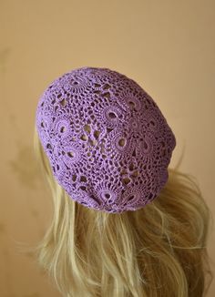 Lace summer hat Crochet summer hat Women's hat beret Lilac Hand Knitted Spring Hats, Spring Crochet Lace Hat, Handmade Purple Crochet Hat For Spring, Purple Crochet Hat For Spring, Purple Crochet Bohemian Hat, Handmade Crochet Hat For Spring, One Size, Bohemian Purple Crochet Hat, Spring Crochet Hat One Size, Purple Crochet Beanie Hat For Spring