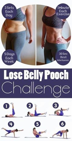 an image of a woman doing the belly pooch challenge with her six different poses