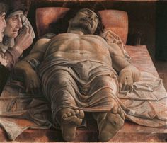 a painting of a man laying on top of a bed next to another man with his head in his hands