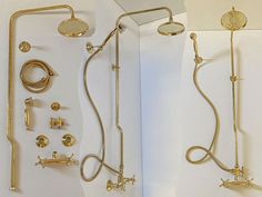 two gold shower faucets and several other brass fittings are shown in this image