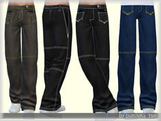 three pairs of jeans are shown with different colors and designs on the bottom, one is blue