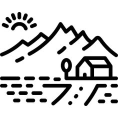 a black and white line drawing of a house on a hill with mountains in the background