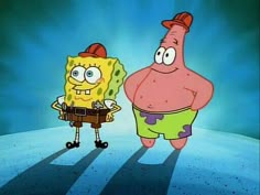 spongebob and patrick are standing next to each other