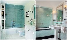 there are two pictures of a bathroom with blue tiles on the walls and white fixtures