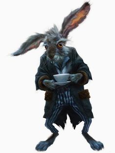 the rabbit is holding a cup and saucer in his hands while standing on one leg