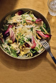 Chicory, fennel and celery salad with toasted fennel seeds, Castelvetrano olives and pecorino | House & Garden Pickled Pears, Chicory Salad, Castelvetrano Olives, Celery Salad, Winter Salad Recipes, Blue Cheese Salad, Antipasto Salad, Olive Salad, Pomegranate Salad