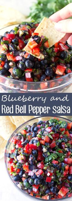 blueberry and red bell pepper salsa in a glass bowl with tortilla chips