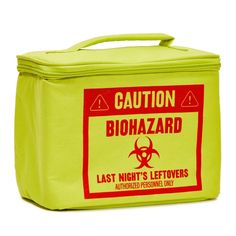 a yellow bag with a warning sign on the front and bottom, that says caution biohazard last night's leftovers