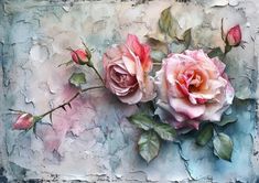 three pink roses are sitting on top of an old piece of paper with peeling paint