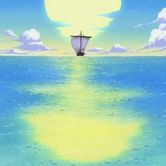 a boat floating on top of the ocean under a blue sky with clouds and sun