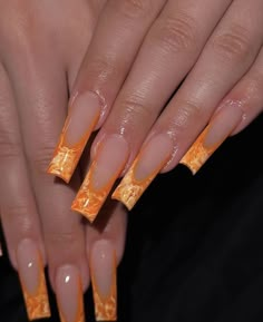 Nail Designs In Orange, White And Neon Orange Nails, Orange Detail Nails, Orange Nails Hoco, Dark Orange Nails Acrylic, Ginger Acrylic Nails, Burnt Orange Prom Nails, Orange And Cream Nails, Dreamsicle Nails