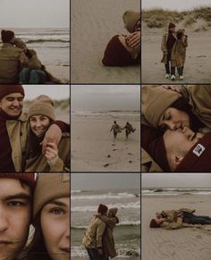 a collage of people on the beach with one person covering his face and another laying down