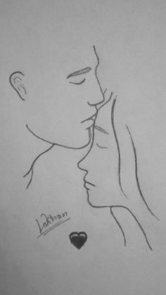 a drawing of a man and woman kissing each other with the words love written on their foreheads