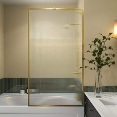 a white bath tub sitting next to a sink under a bathroom mirror with a plant in it