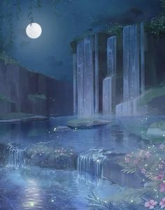 an animated scene with waterfalls and flowers in the foreground, at night time