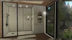 a bathroom with a walk in shower next to a window