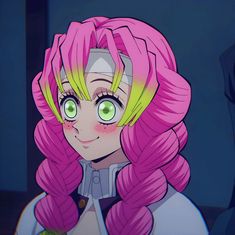 an anime character with pink hair and green eyes