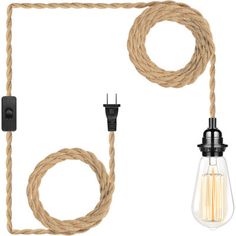 a light bulb and rope connected to an electrical outlet on a white background with clippings