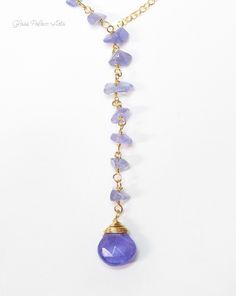 "This necklace is made with real bright Tanzanite. Tanzanite gemstone chips create a beautiful texture on this unique necklace. Available in Gold or Silver - Attached are genuine tanzanite gemstones (teardrop stone measures about 11 - 12 mm) - 14k gold fill or sterling silver chain and spring clasp - Necklace is shown at 18\" length - The length measurement does not include the dangle section - The Tanzanite dangle is approx 2 inches additional length - The tiny gemstones are unique and will var December Birthstone Necklace, Tear Drop Pendant, December Birthstone Jewelry, Tanzanite Necklace, Tanzanite Jewelry, Tanzanite Earrings, Chula Vista, Length Measurement, Clasp Necklace