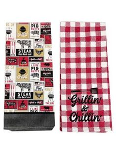 two red and white napkins with the words grillin'in black on them