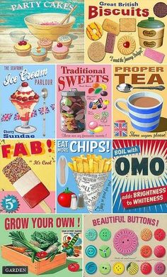 several vintage posters are displayed together in this collage with different things to eat and drink