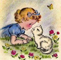 a drawing of a little boy playing with a cat and kitten on the grass in front of flowers