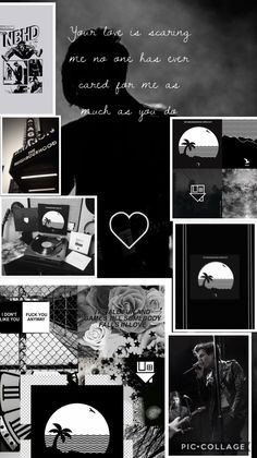 black and white collage with various pictures, words, and symbols on it's side