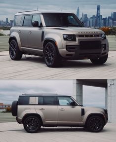 two different views of a silver and black land rover in front of a city skyline