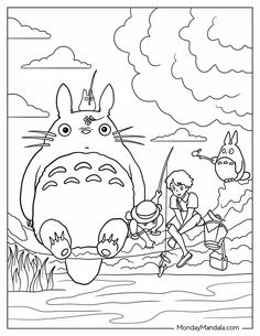 the cartoon character totoro and his friends are fishing in the water coloring page