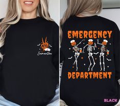 Emergency Department Halloween Shirt, Custom Skeleton Halloween Er Nurse Shirt, Emergency Nurse Shirt, Er Halloween Shirt Gift For Nurse PRODUCT FEATURES: 🔻 SWEATSHIRT: Design printed on Unisex Gildan 18000 Crewneck Sweatshirt. This sweatshirt feels soft and lightweight, with the right amount of stretch. It's comfortable and flattering for both men and women. COMFORT COLORS: Design printed on Comfort Colors Unisex Shirt. 100% Ring-Spun Cotton, Medium fabric (6.1 oz/yd² (206.8 g/m giving a. thic Cute Cricut Shirts Nurse, Pharmacy Graduation, Pharmacist Shirt, Assistant Nurse, Emergency Nurse, Pharmacy School, Pharmacy Technician, Er Nurse, Nursing Assistant