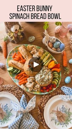 an image of a table setting for easter bunny spinach bread bowl