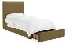 a bed with an open headboard and foot board on it's side, in front of a white background