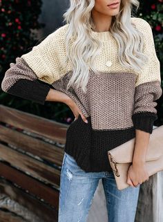 Color block loose fit crew neck sweater for fall and winter.  #fallsweater #casual #datenight #ad Fluffy Sweater, Loose Knit Sweaters, 가을 패션, Winter Sweaters, Fall Winter Outfits, Knitted Pullover, Stripe Sweater, Jumpers For Women