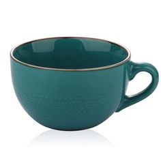 a teal colored cup with gold rim